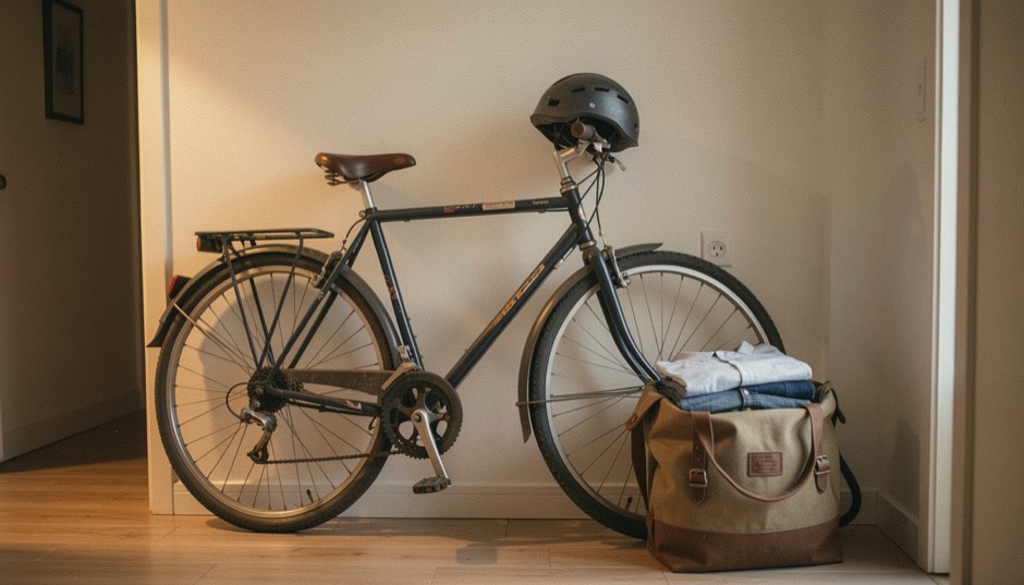 A plain city bike with mudguards and a rear rack leaning against a bare hallway wall in warm evening lamp light, a helmet hung on the handlebar and a canvas bag of folded shirts and jeans on the floor beside it