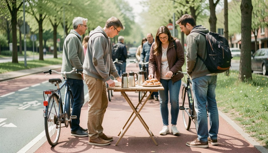 Commuters in everyday clothes standing with their city bikes around a folding table of coffee flasks and pastries on a red, tree-lined cycle path on a bright spring morning